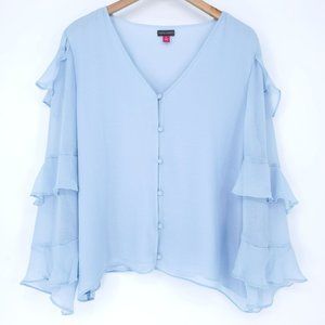 Antonio Melani Blouse Womens XL Light Blue Ruffles V Neck Button Up